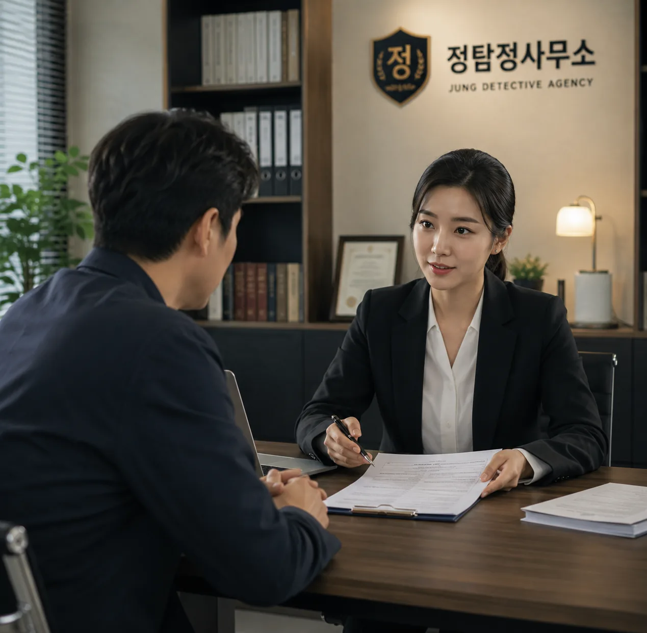 탐정 상담원이 의뢰인 서류를 검토하는 상담 장면